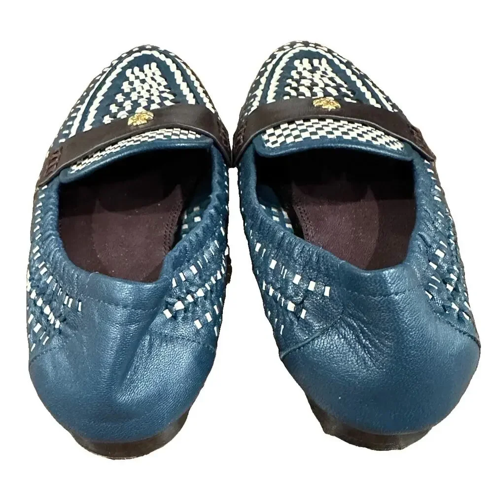 Tory Burch Woven Leather Slip On Loafer Flats Blue White Logo Womens US 6.5